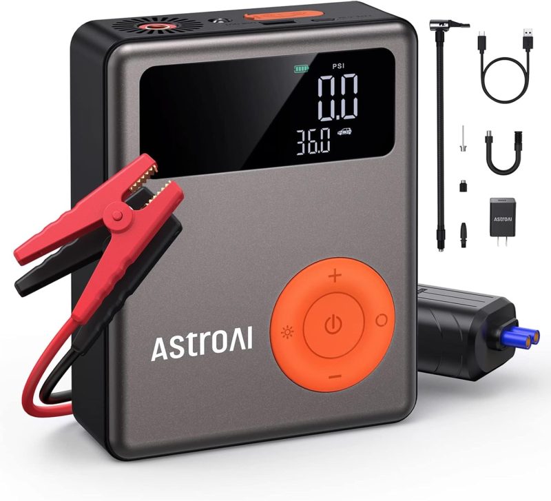 AstroAI portable air compressor with digital PSI display, power accessories, and multiple nozzle attachments for inflating tires