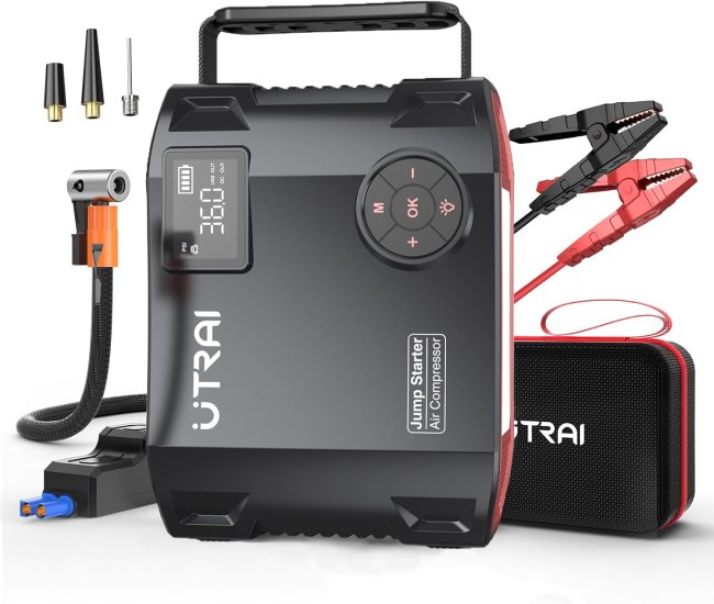 UTRAI portable jump starter with digital display and air compressor, including clamps, nozzles, hose, and carry case