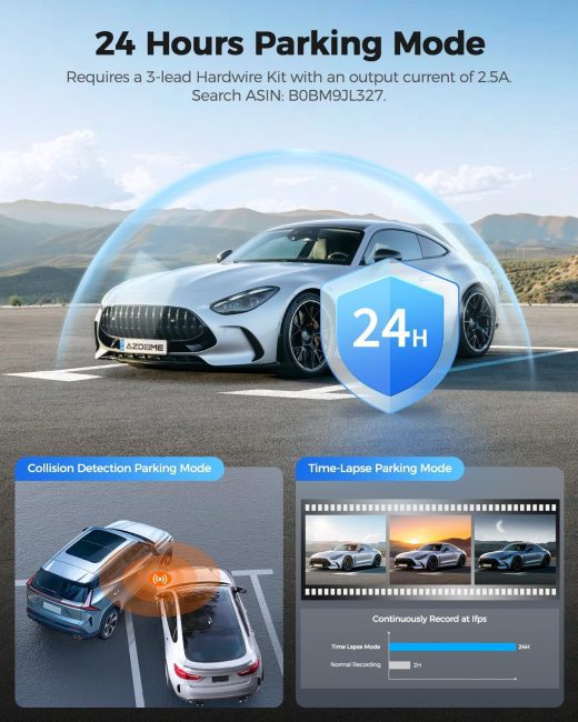 Azdome 4K Dash Cam showcasing 24 Hours Parking Mode with collision and time-lapse features