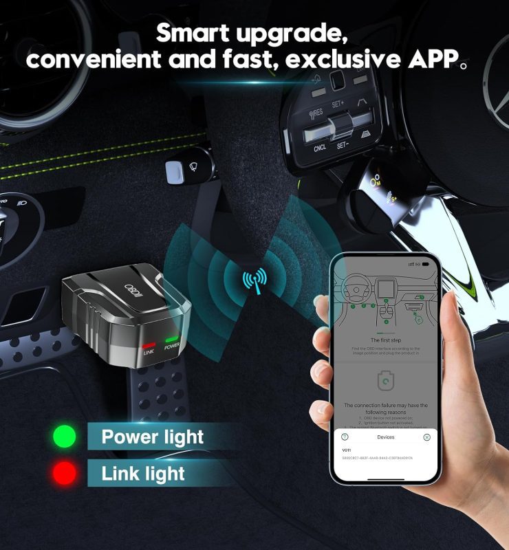 Smartphone displaying app connected to OBD2 device in a car for vehicle diagnostics