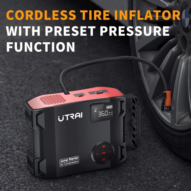 Cordless tire inflator by UTRAI showing a pressure reading of 36.0 PSI while connected to a car tire