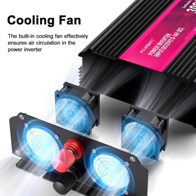 Blue illuminated cooling fans on a 3000W power inverter, compatible with 12V/24V/48V DC inputs, ideal for RVs