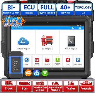 2024 Elite diagnostic tool displaying Intelligent Diagnose, Remote Diagnosis functions, compatible with trucks, buses, and other vehicles