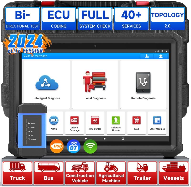 2024 Elite diagnostic scanner showcasing Intelligent Diagnose and Remote Diagnosis features, designed for trucks, buses, and various other vehicles