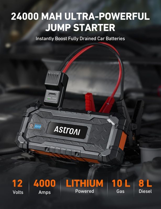 AstroAI portable jump starter with 24,000 mAh capacity and 4000 amps, suitable for up to 10L gas and 8L diesel engines