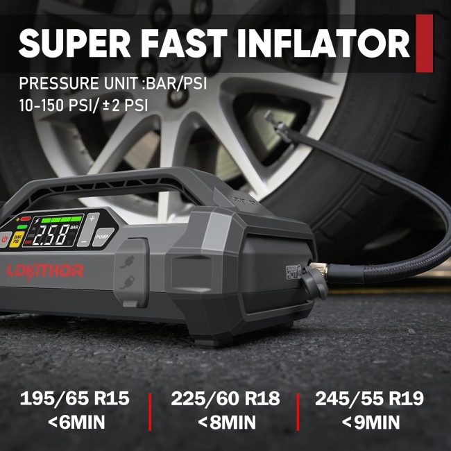 LOKITHOR Super Fast Inflator connected to a car tire, showing PSI and BAR pressure units with specific inflation times for different tire sizes