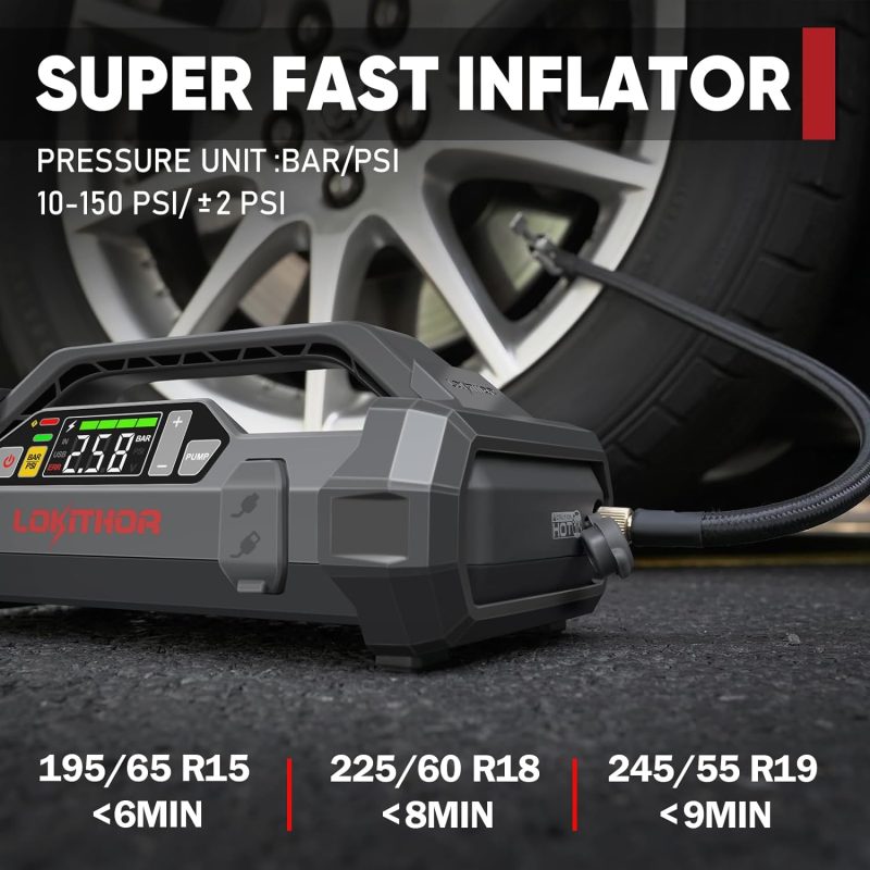 LOKITHOR Super Fast Inflator connected to a car tire, showing PSI and BAR pressure units with specific inflation times for different tire sizes