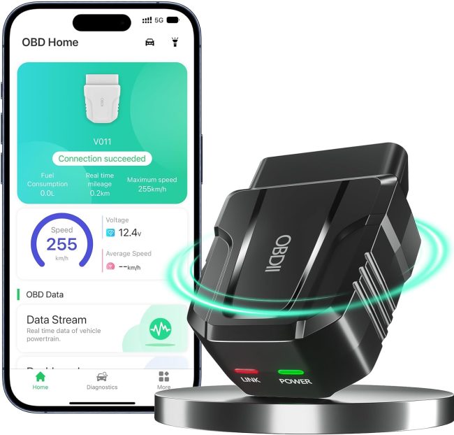 Smartphone displaying OBD Home app with live vehicle data, next to connected OBD-II diagnostic device