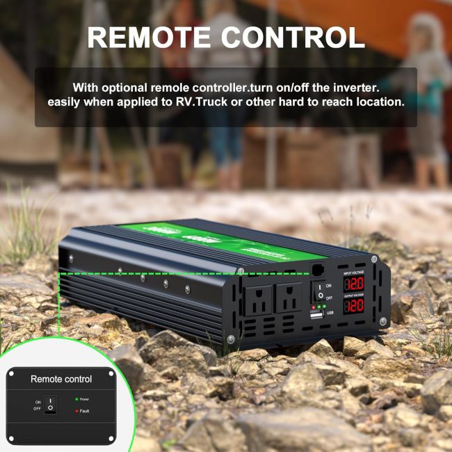 Power inverter with remote control on rocky ground, outdoor camping background