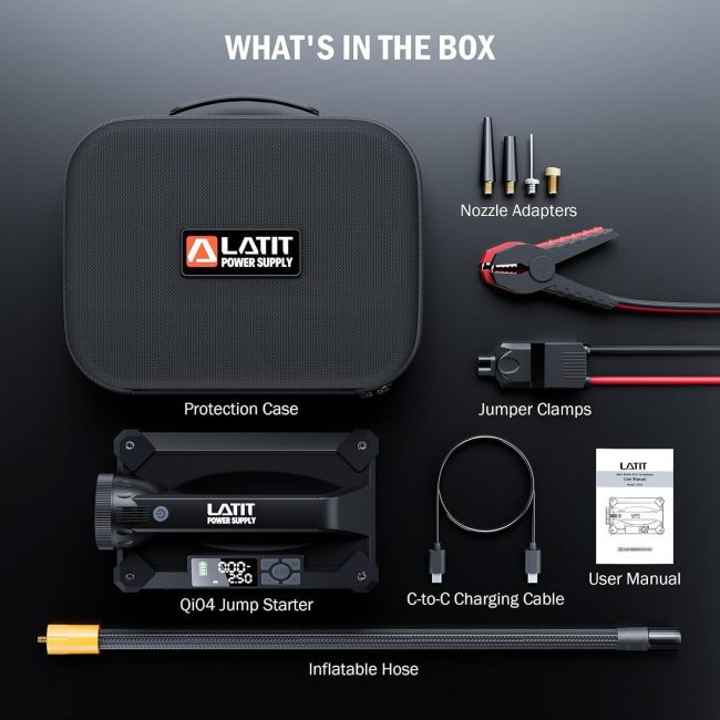 Contents of LATIT Power Supply Kit including Jump Starter, Jumper Clamps, Nozzle Adapters, and more