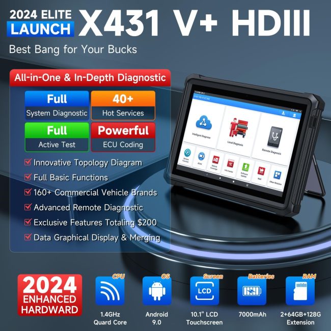 X431 V+ HDIII Heavy Duty Truck Scanner showcasing diagnostic features for over 160 vehicle brands, Android 9 system