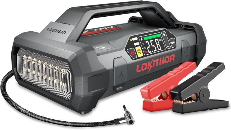 LOKITHOR portable device featuring a digital screen, LED light, and accessories for car jump-start and tire inflation.