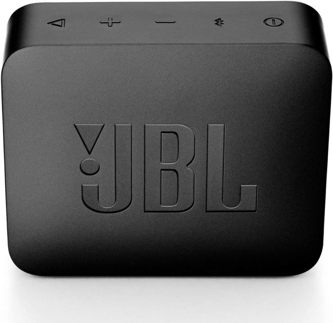 Compact JBL Bluetooth speaker with control buttons and logo visible