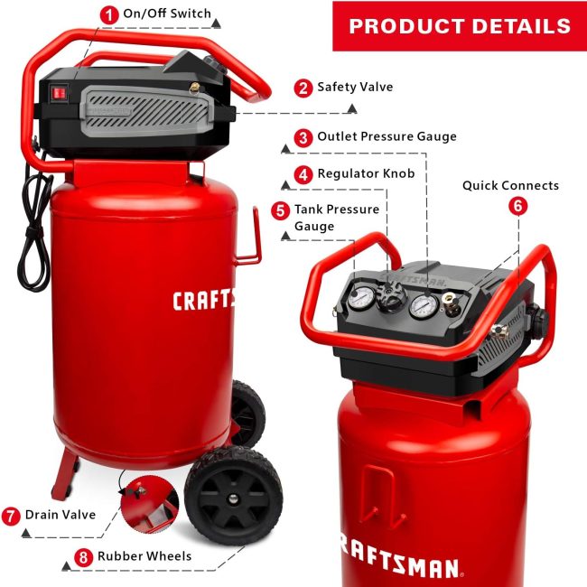 Craftsman Air Compressor 20 Gallon featuring On/Off Switch, Safety Valve, Outlet and Tank Pressure Gauges, Regulator Knob, Quick Connects, Drain Valve, and Rubber Wheels