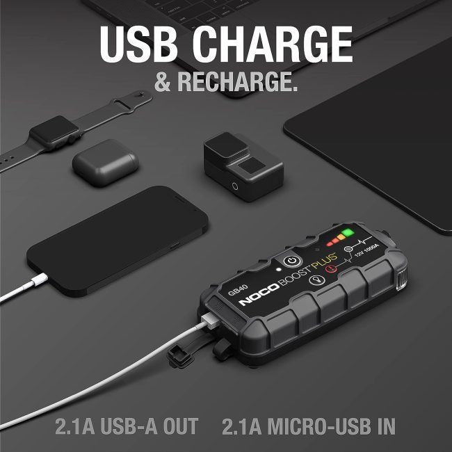 Portable NOCO Boost Plus GB40 charger connected to various devices including a smartwatch, smartphone, wireless earbuds, and action camera