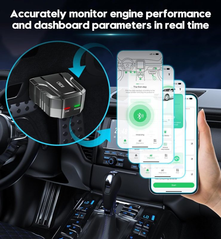 OBD2 diagnostic tool connected in a car, displaying data on a smartphone app