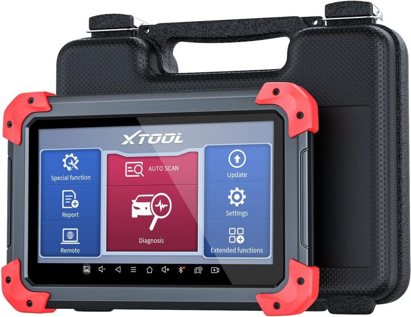 XTOOL automotive diagnostic scanner with touchscreen displaying multiple functions