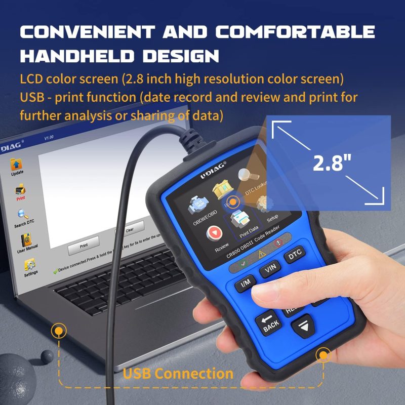 iDIAG handheld OBD2 scanner displaying icons on a 2.8-inch LCD screen, connected to laptop via USB