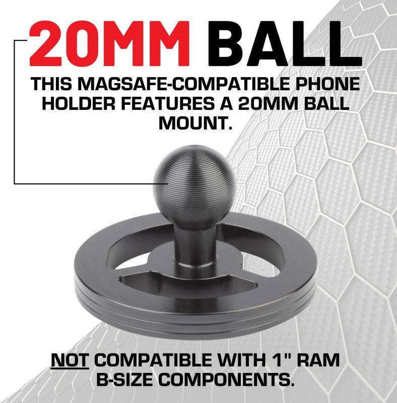 Close-up of a 20mm ball mount of a MagSafe-compatible magnetic phone holder, not suitable for 1