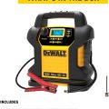 DeWalt Jump Starter kit with metal battery clamps, air compressor hose, and inflation needle adapter