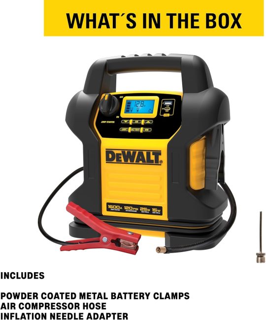 DeWalt Jump Starter kit with metal battery clamps, air compressor hose, and inflation needle adapter