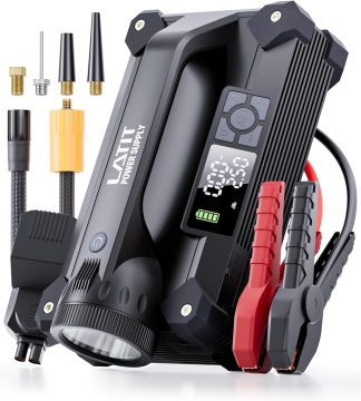 LATIT multifunctional portable power supply featuring a digital display, flashlight, nozzles, and jump-start cables