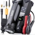 LATIT multifunctional portable power supply featuring a digital display, flashlight, nozzles, and jump-start cables