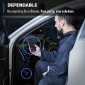 Man using BlueDriver scan tool app on smartphone, connected to an OBD scanner in car for vehicle diagnostics and monitoring