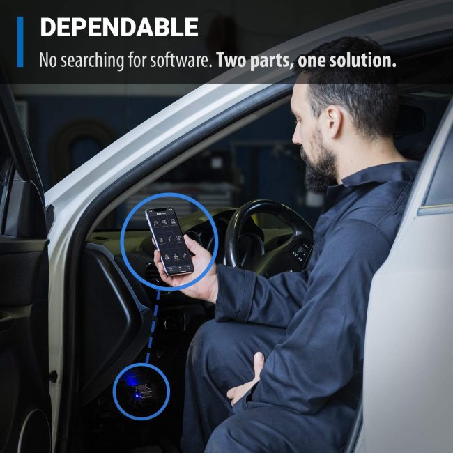 Man using BlueDriver scan tool app on smartphone, connected to an OBD scanner in car for vehicle diagnostics and monitoring