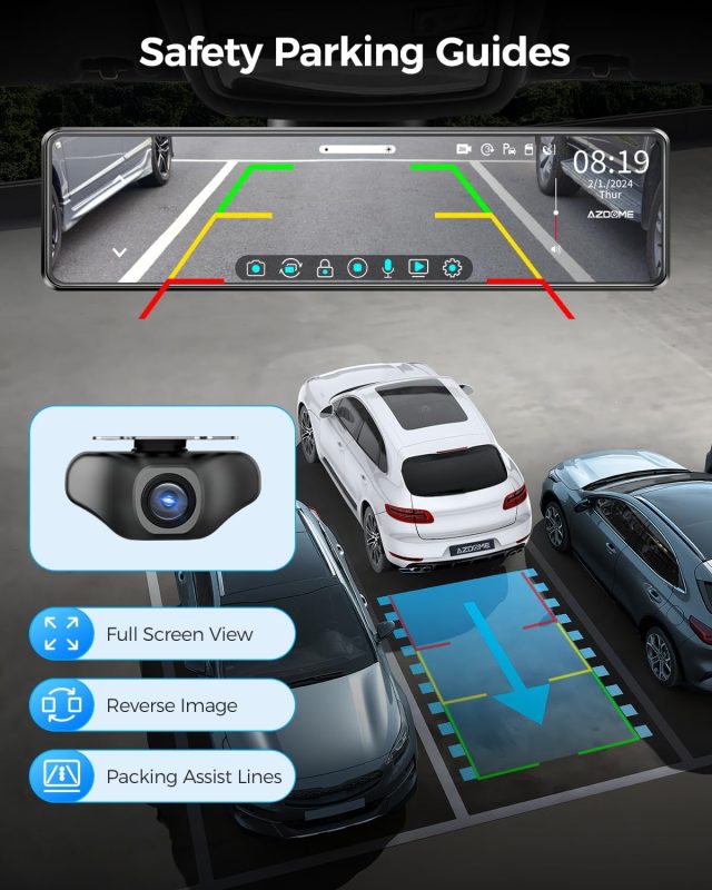 Overhead view of a vehicle using Azdome dash cam with rearview camera and parking guide lines