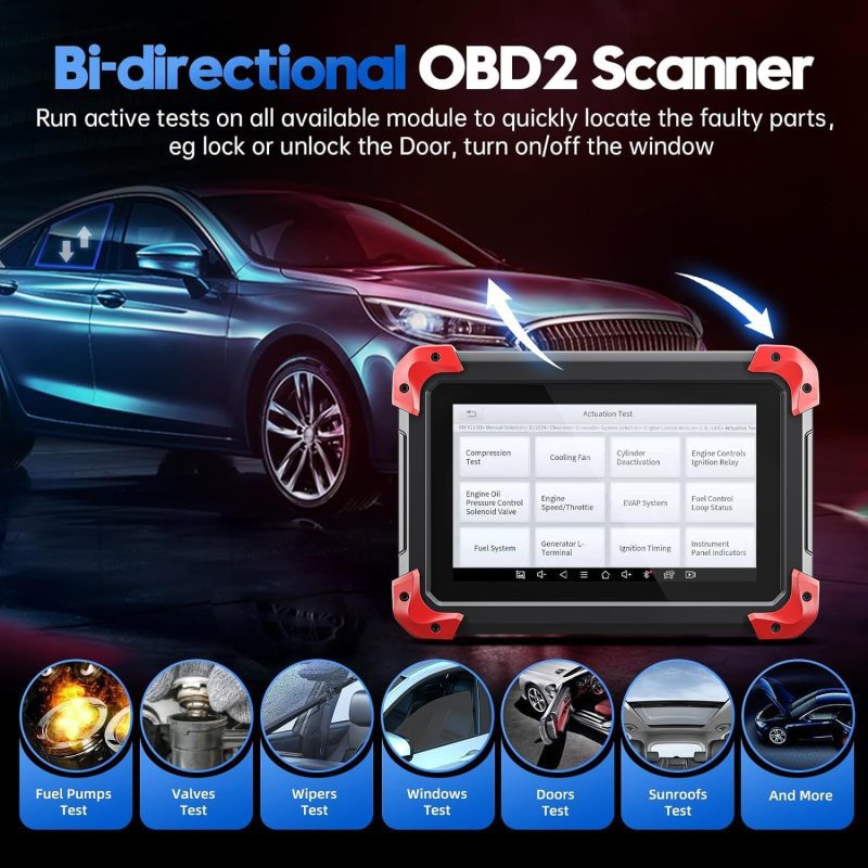 Advertisement showing a bi-directional OBD2 scanner with options like Fuel Pumps, Valves, and Wipers Test, alongside a modern car