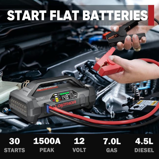 Lokithor Jump Starter connected to a car battery, providing up to 30 starts for 7.0L gasoline and 4.5L diesel engines