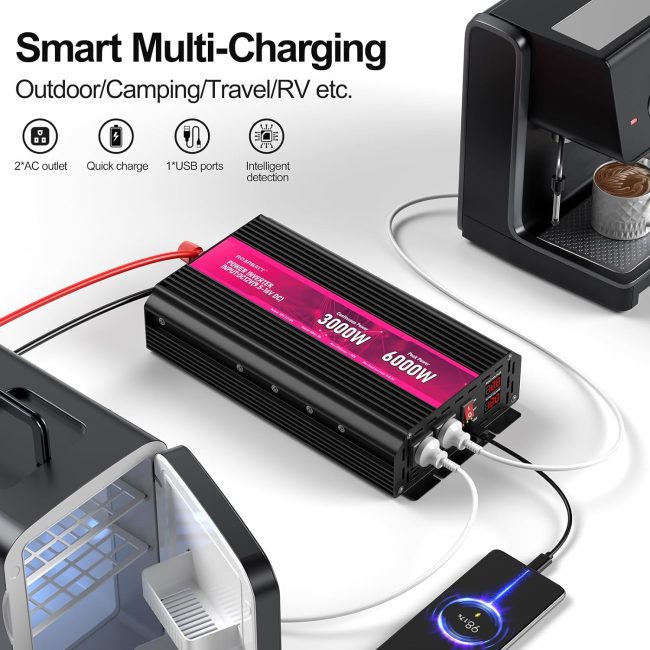 3000W RV power inverter charging a coffee machine, a mini refrigerator, and a smartphone in an outdoor setting