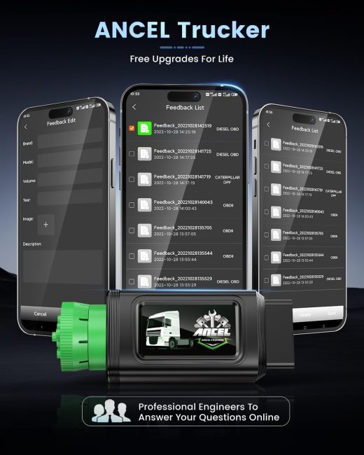ANCEL Truck Diagnostics Tool showing smartphone app feedback and OBD2 scanner with Free Upgrades for Life feature