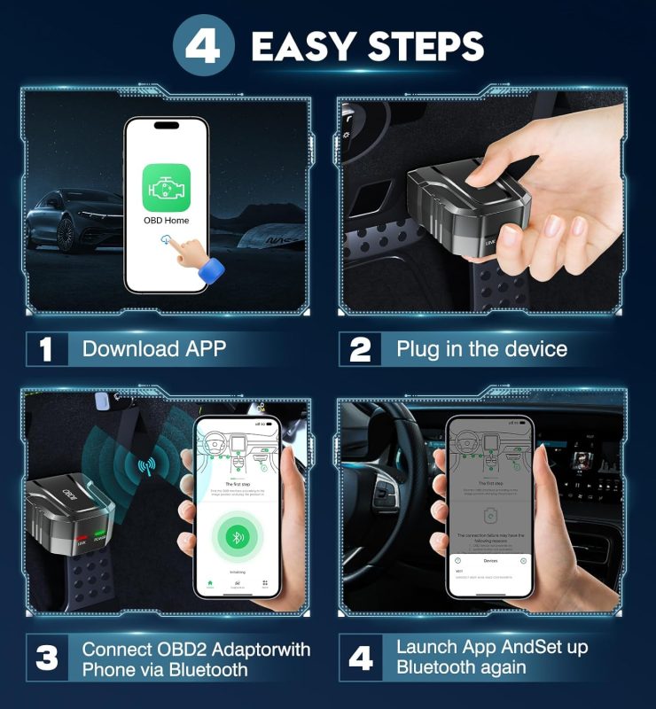 Steps to install OBD device: Download OBD Home app, connect OBD2 adaptor to the car and phone via Bluetooth