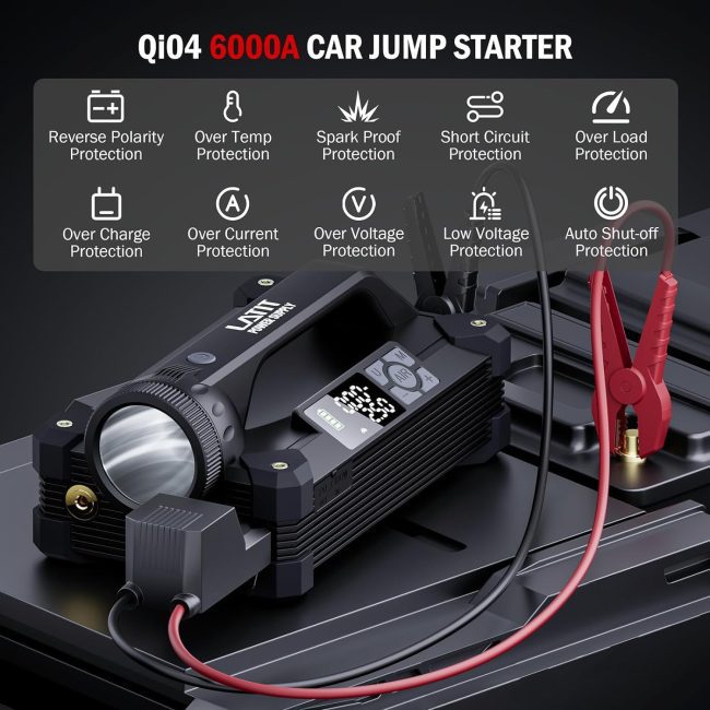 Qi04 6000A car jump starter displaying clamps, a flashlight, and a digital display, highlighting multiple safety protections