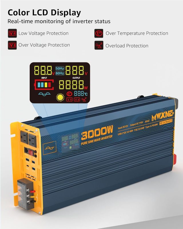 3000W pure sine wave inverter featuring LCD display and multiple USB ports