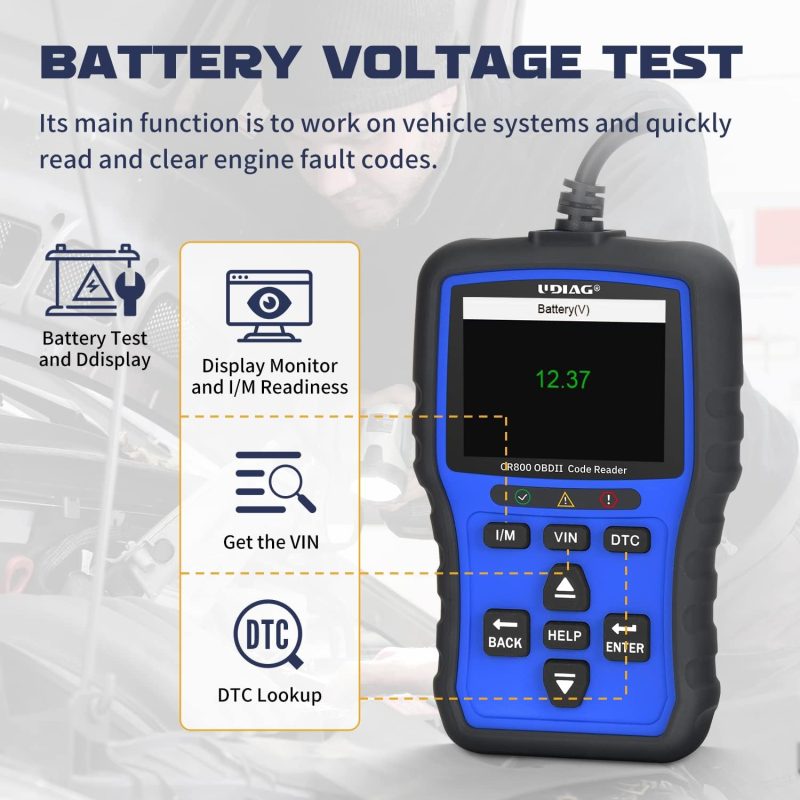 OBD2 code reader displaying battery voltage and diagnostic functions with control buttons