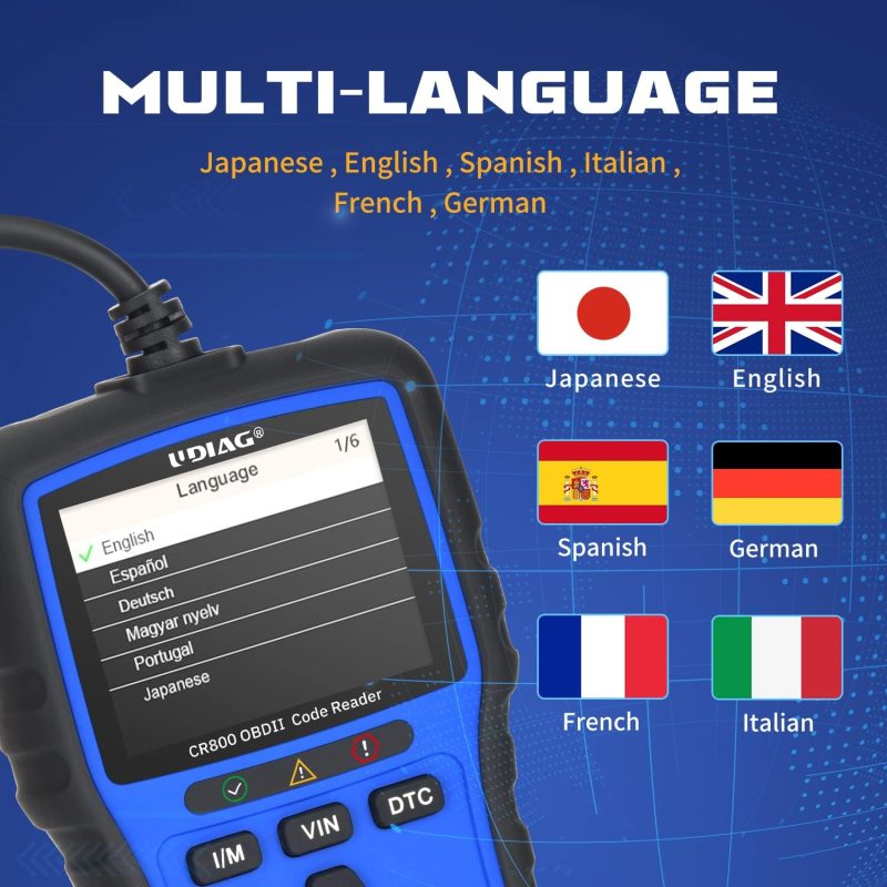 LDIAG OBDII scanner showing language selection menu on screen with multiple flag icons for language settings