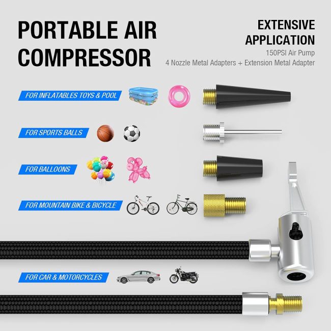 Portable Air Compressor 150PSI with Nozzle Adapters for Inflatables, Balls, Bikes, Cars and Motorcycles - JF EGWO 3000 Jump Starter Compatible