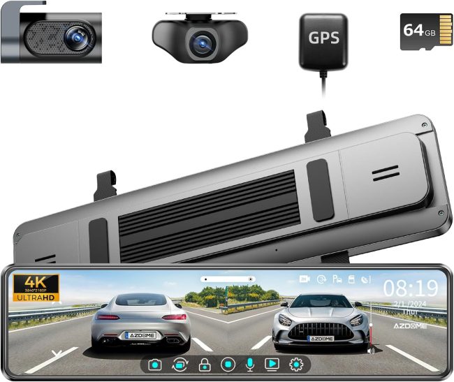 Azdome 4K dash cam system showcasing dual cameras, GPS module, and memory card