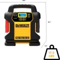 DeWalt jump starter with 1600A peak, 120 PSI air compressor, USB-C and USB-A ports, and LCD screen