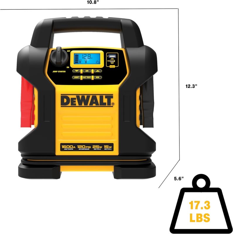 DeWalt jump starter featuring 1600A peak, 120 PSI air compressor, USB-C and USB-A ports, and LCD screen