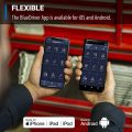 iOS and Android smartphones displaying BlueDriver OBD scanner app features including Read Codes and Smog Check