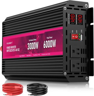 ROARBATT 12 Voltage Inverter with 3000W Continuous and 6000W Peak Power, featuring Dual AC Outlets and USB Port