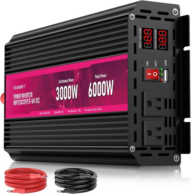 ROARBATT 12 Voltage Inverter with 3000W Continuous and 6000W Peak Power, featuring Dual AC Outlets and USB Port