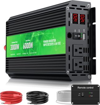Power inverter with 3000W continuous and 6000W peak power, featuring dual AC outlets and USB port