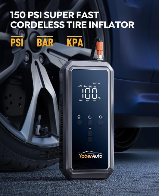 YaberAuto 150 PSI Super Fast Cordless Tire Inflator next to a car tire, displaying the pressure in PSI, BAR, and KPA