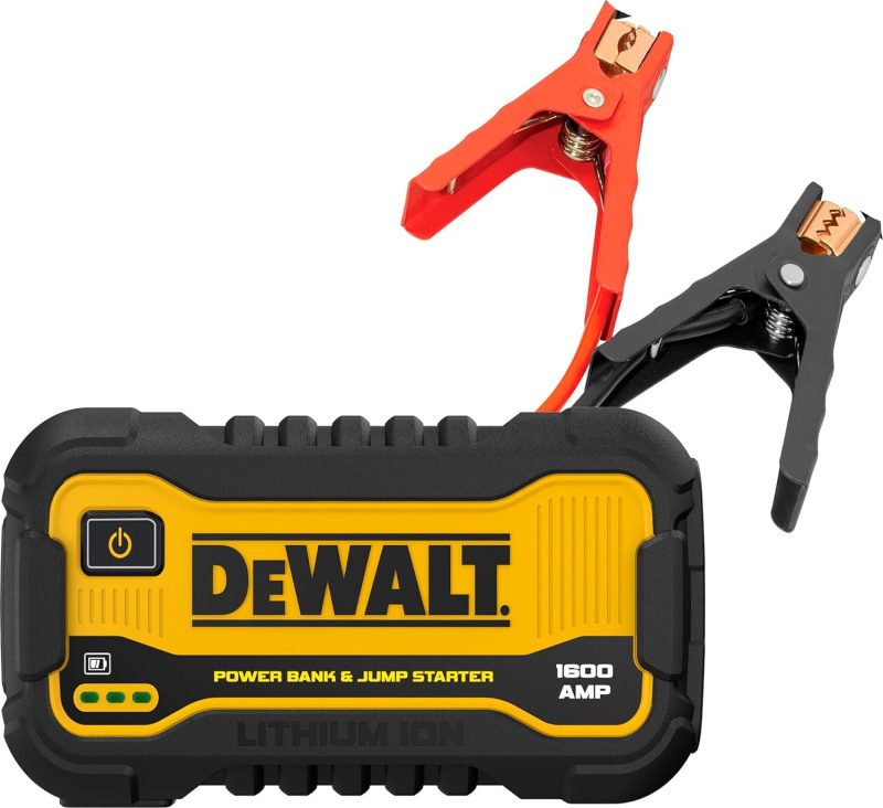 DeWalt 1600A portable power bank and jump starter with red and black alligator clips