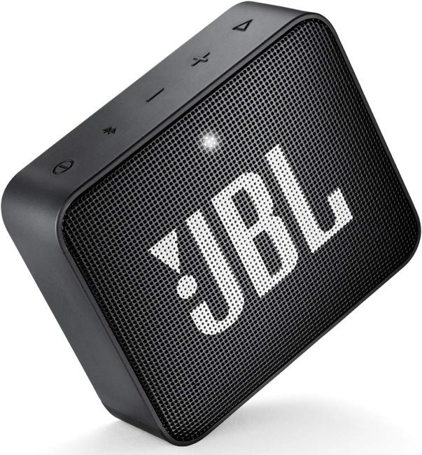 Black JBL Bluetooth speaker with visible control buttons and logo